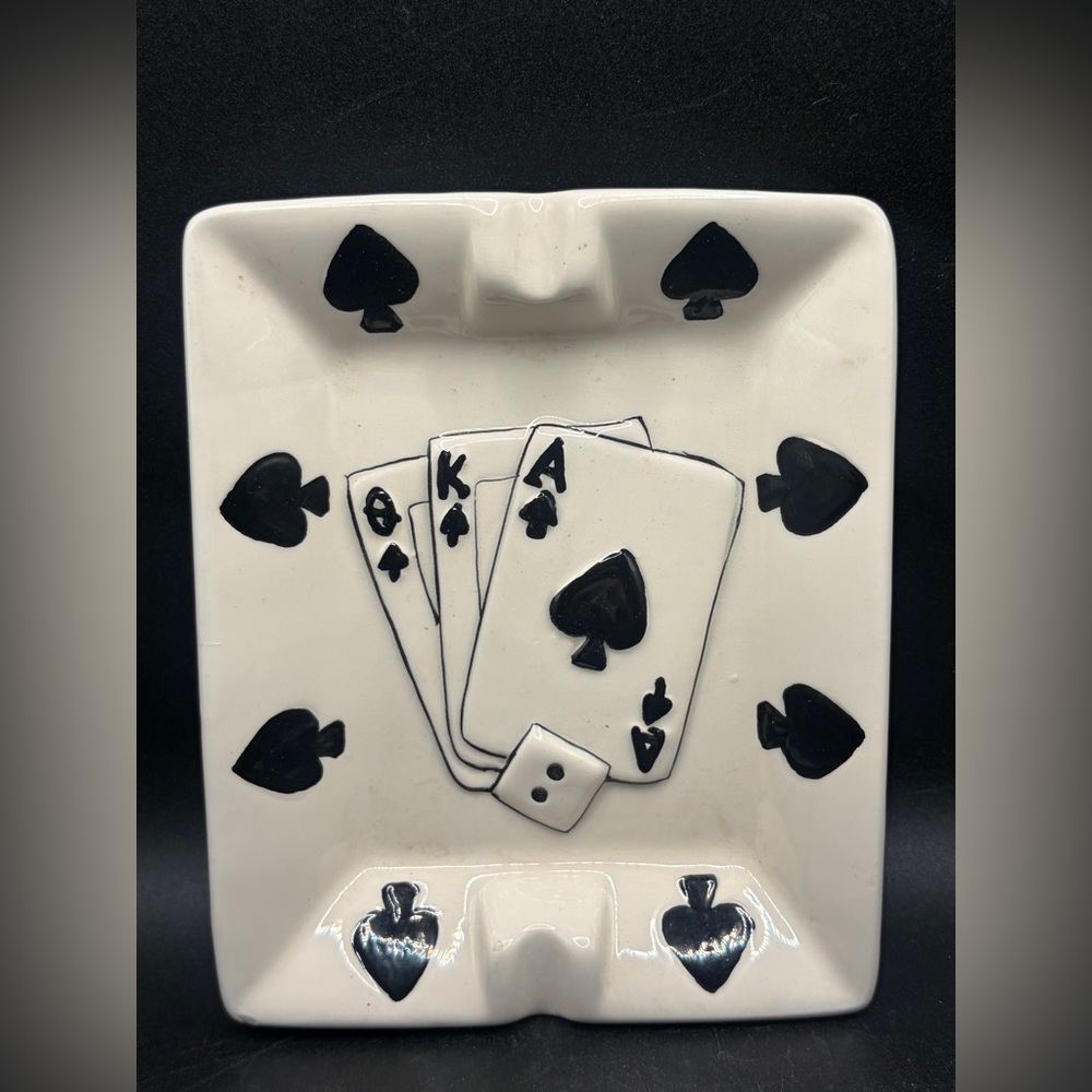 Ceramic Black & White Playing Card Trinket Dish Ashtray Catchall Tray, Spades